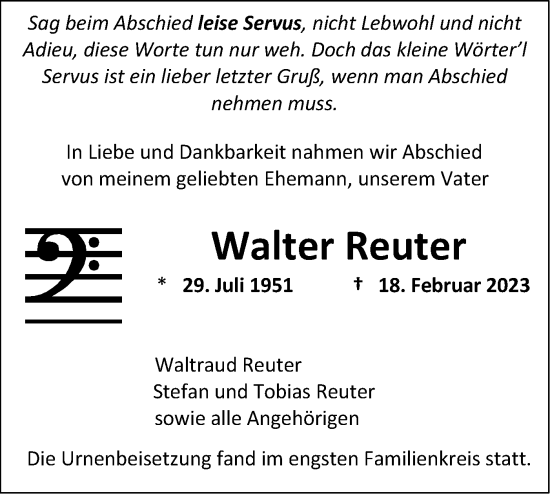Traueranzeige von Walter Reuter von SÜDWEST PRESSE Ausgabe Ulm/Neu-Ulm