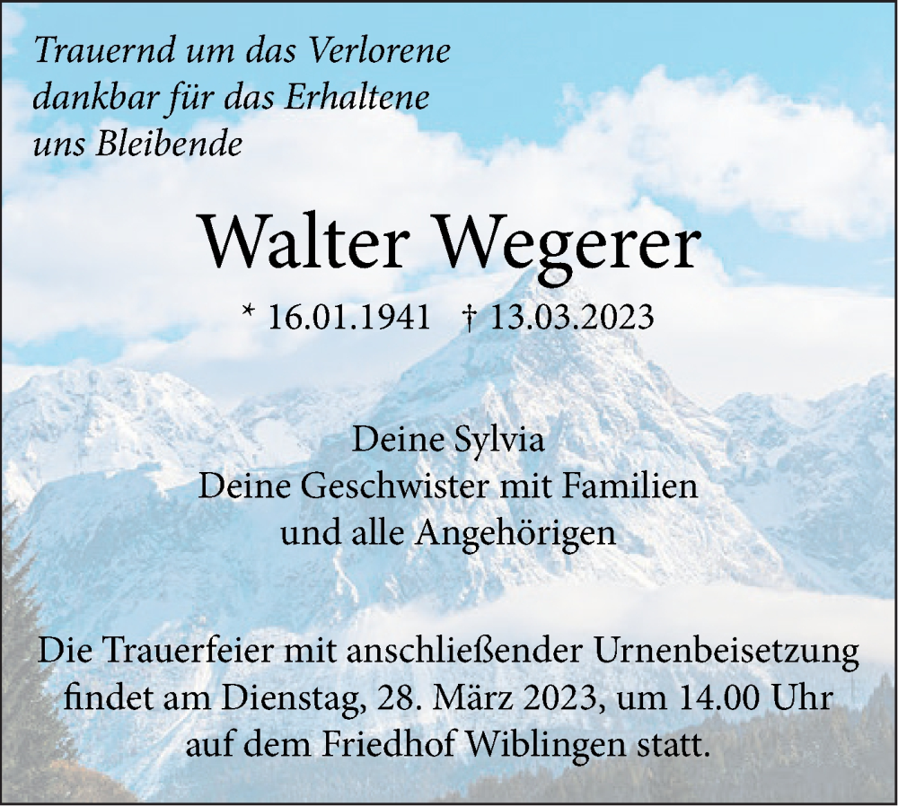  Traueranzeige für Walter Wegerer vom 18.03.2023 aus SÜDWEST PRESSE Ausgabe Ulm/Neu-Ulm