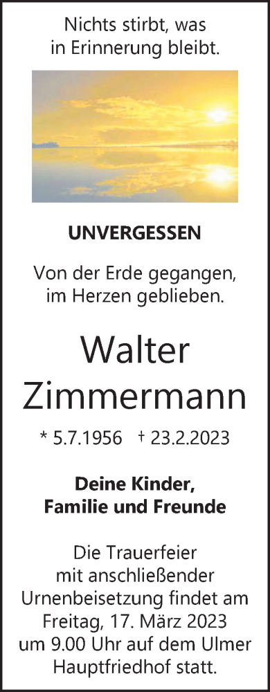 Traueranzeige von Walter Zimmermann von SÜDWEST PRESSE Ausgabe Ulm/Neu-Ulm