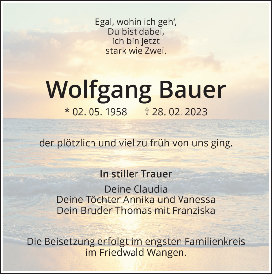 Traueranzeige von Wolfgang Bauer von NWZ Neue Württembergische Zeitung