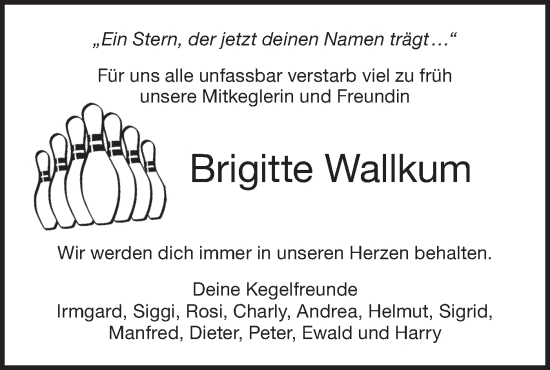 Traueranzeige von Brigitte Wallkum von Hohenloher Tagblatt