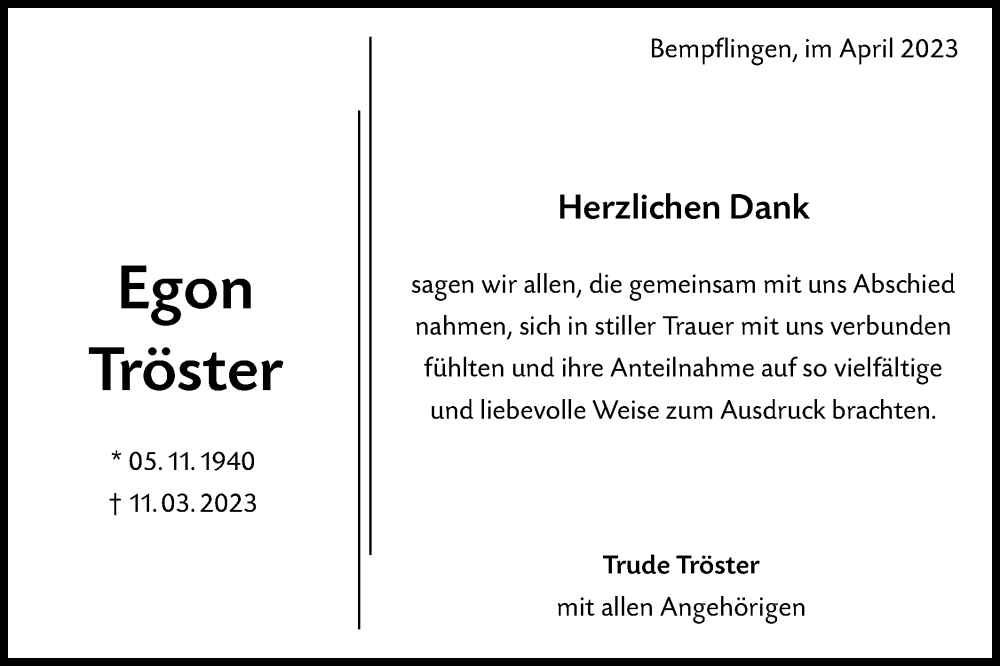  Traueranzeige für Egon Tröster vom 29.04.2023 aus Metzinger-Uracher Volksblatt