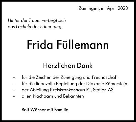 Traueranzeige von Frida Füllemann von Alb-Bote/Metzinger-Uracher Volksblatt