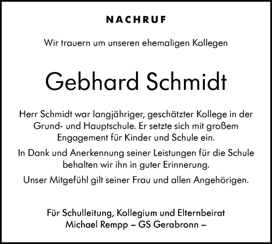 Traueranzeige von Gebhard Schmidt von Hohenloher Tagblatt