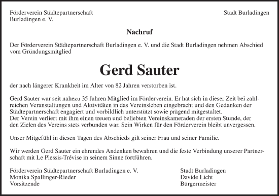 Traueranzeige von Gerd Sauter von Metzinger-Uracher Volksblatt