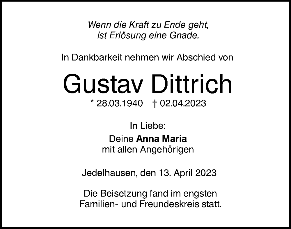  Traueranzeige für Gustav Dittrich vom 13.04.2023 aus SÜDWEST PRESSE Ausgabe Ulm/Neu-Ulm