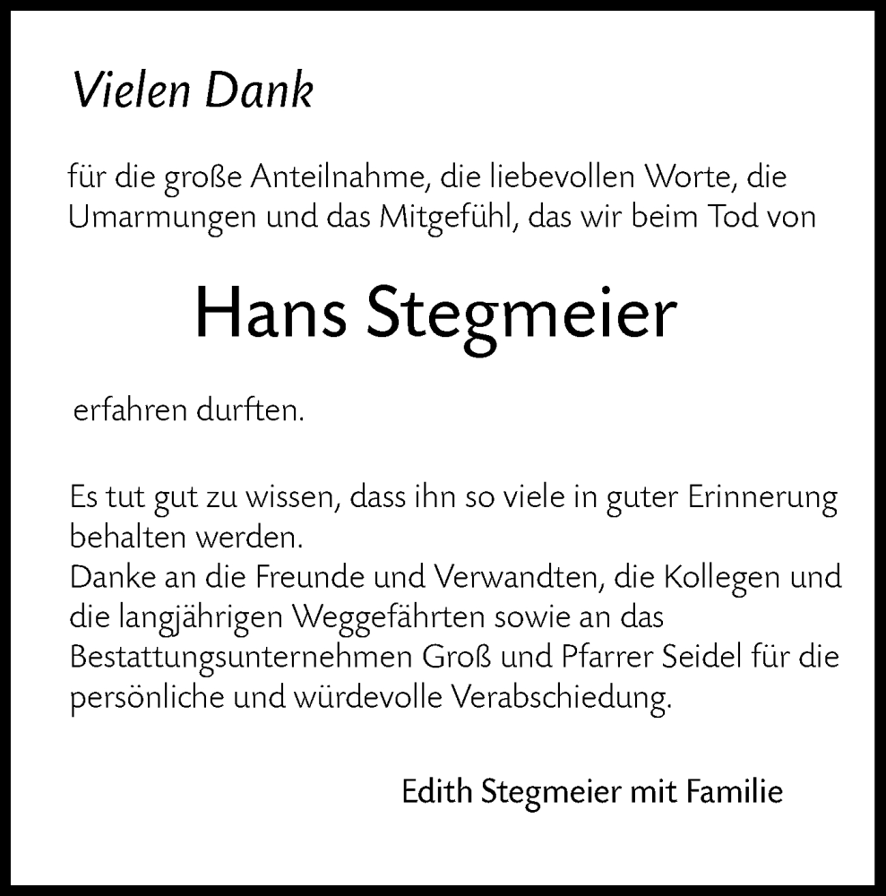  Traueranzeige für Hans Stegmeier vom 19.04.2023 aus Hohenloher Tagblatt