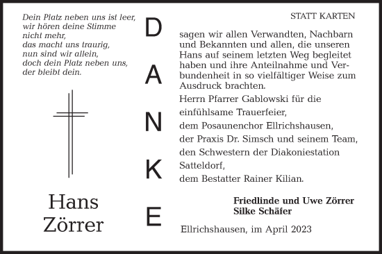 Traueranzeige von Hans Zörrer von Hohenloher Tagblatt