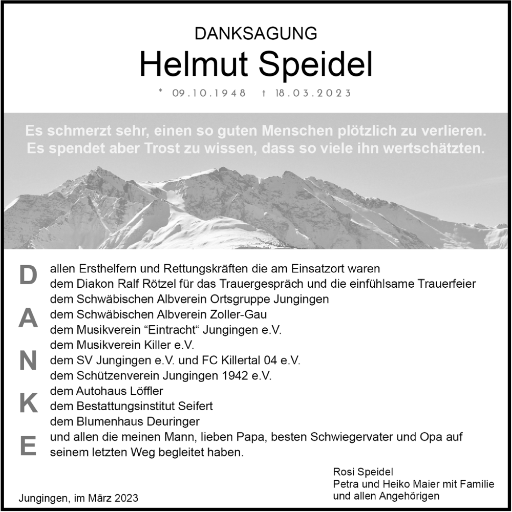  Traueranzeige für Helmut Speidel vom 06.04.2023 aus Metzinger-Uracher Volksblatt