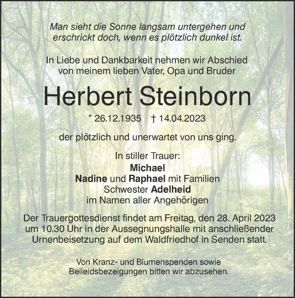  Traueranzeige für Herbert Steinborn vom 22.04.2023 aus SÜDWEST PRESSE Ausgabe Ulm/Neu-Ulm