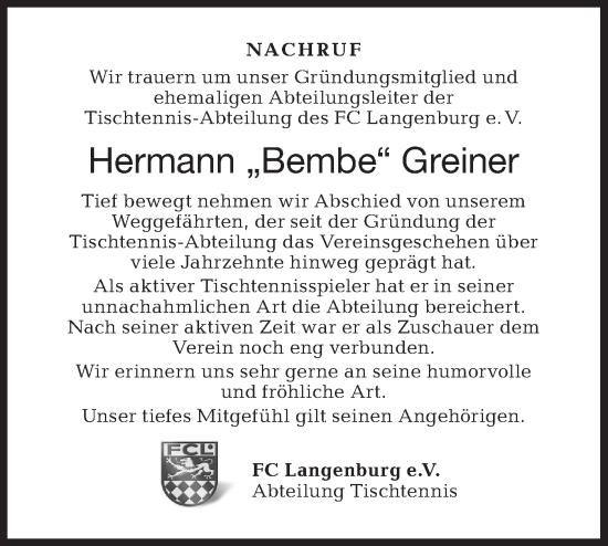 Traueranzeige von Hermann  Greiner von Hohenloher Tagblatt
