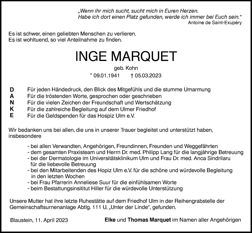  Traueranzeige für Inge Marquet vom 11.04.2023 aus SÜDWEST PRESSE Ausgabe Ulm/Neu-Ulm