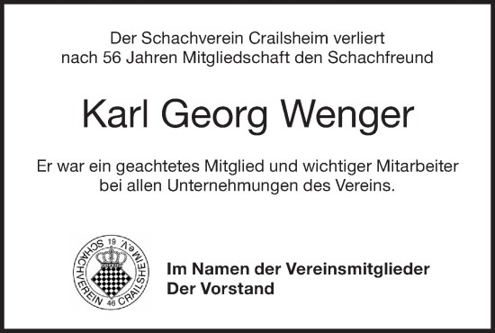 Traueranzeige von Karl Georg Wenger von Hohenloher Tagblatt