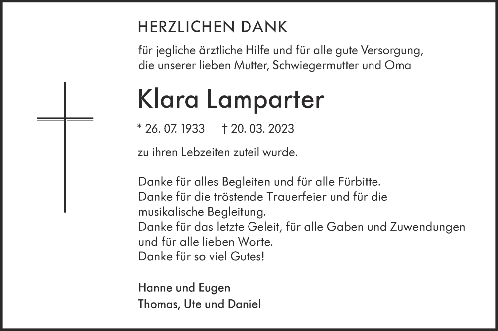  Traueranzeige für Klara Lamparter vom 15.04.2023 aus Metzinger-Uracher Volksblatt