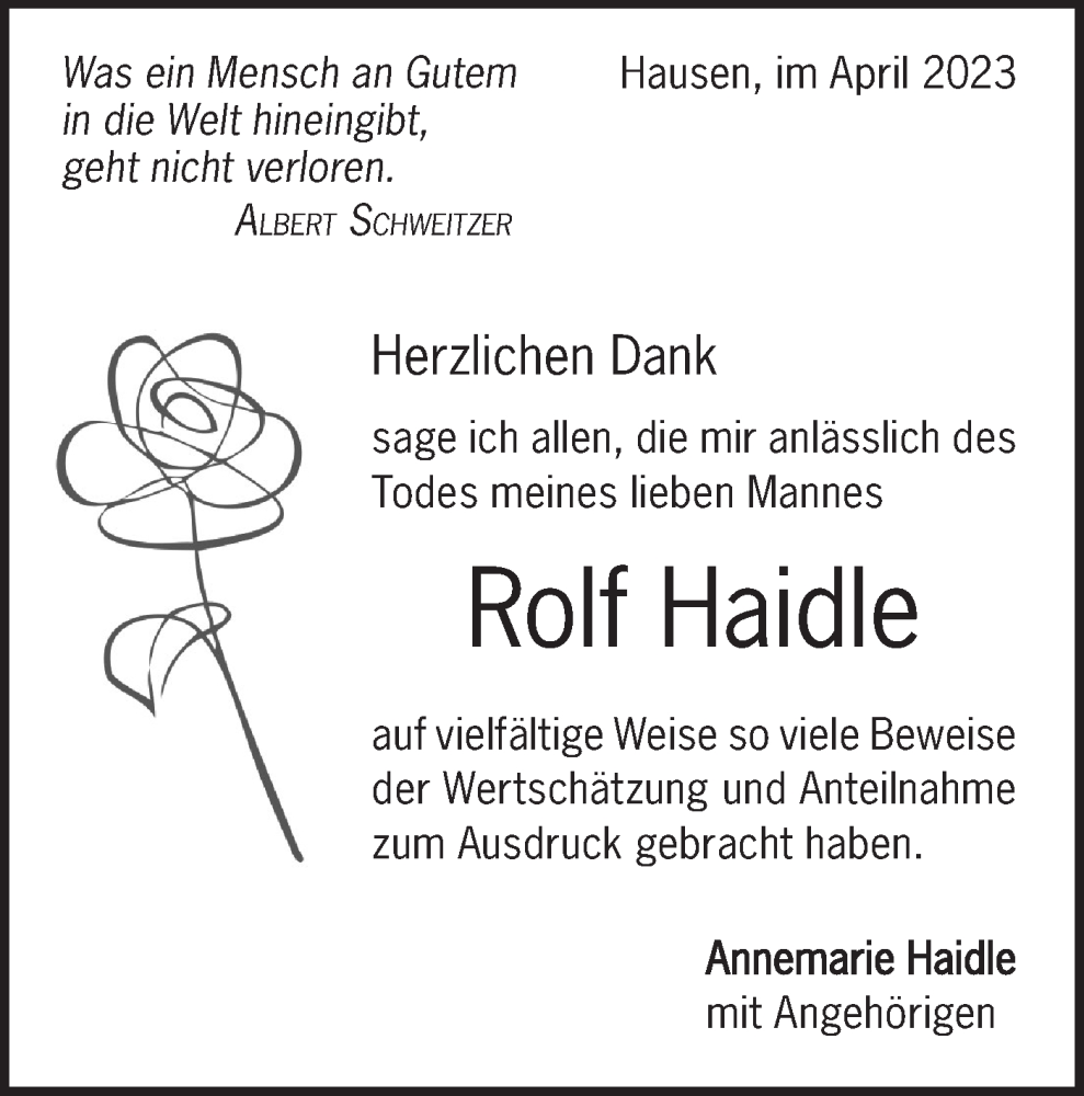  Traueranzeige für Rolf Haidle vom 11.04.2023 aus Geislinger Zeitung