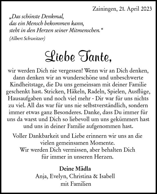 Traueranzeige von Tante  von Alb-Bote/Metzinger-Uracher Volksblatt