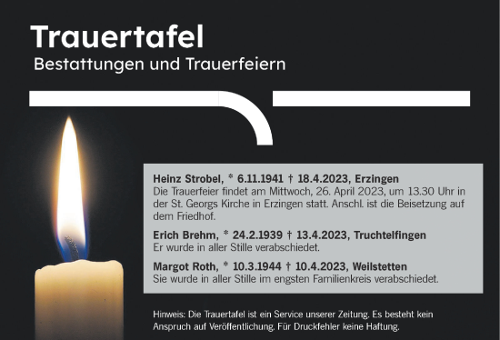 Traueranzeige von Totentafel vom 22.04.2023 von Metzinger-Uracher Volksblatt