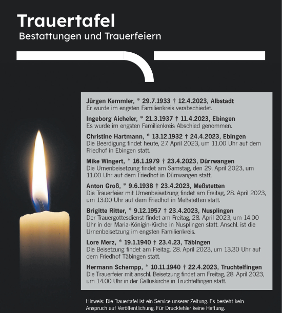 Traueranzeige von Totentafel vom 27.04.2023 von Metzinger-Uracher Volksblatt