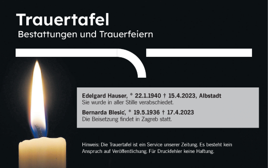 Traueranzeige von Trauertafel vom 21.04.2023 von Metzinger-Uracher Volksblatt