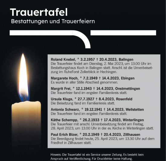 Traueranzeige von Trauertafel vom 25.04.2023 von Metzinger-Uracher Volksblatt