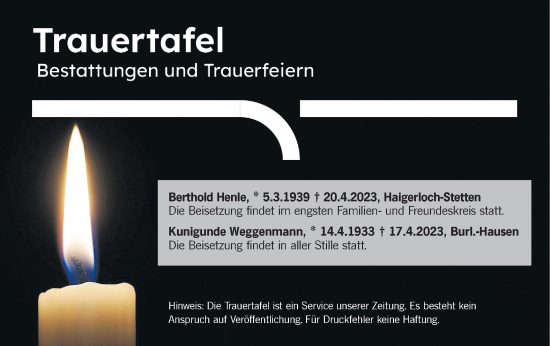 Traueranzeige von Trauertafel vom 25.04.2023 von Metzinger-Uracher Volksblatt
