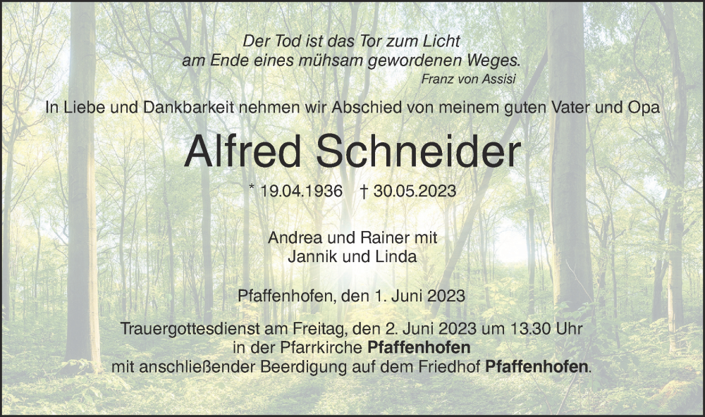  Traueranzeige für Alfred Schneider vom 01.06.2023 aus SÜDWEST PRESSE