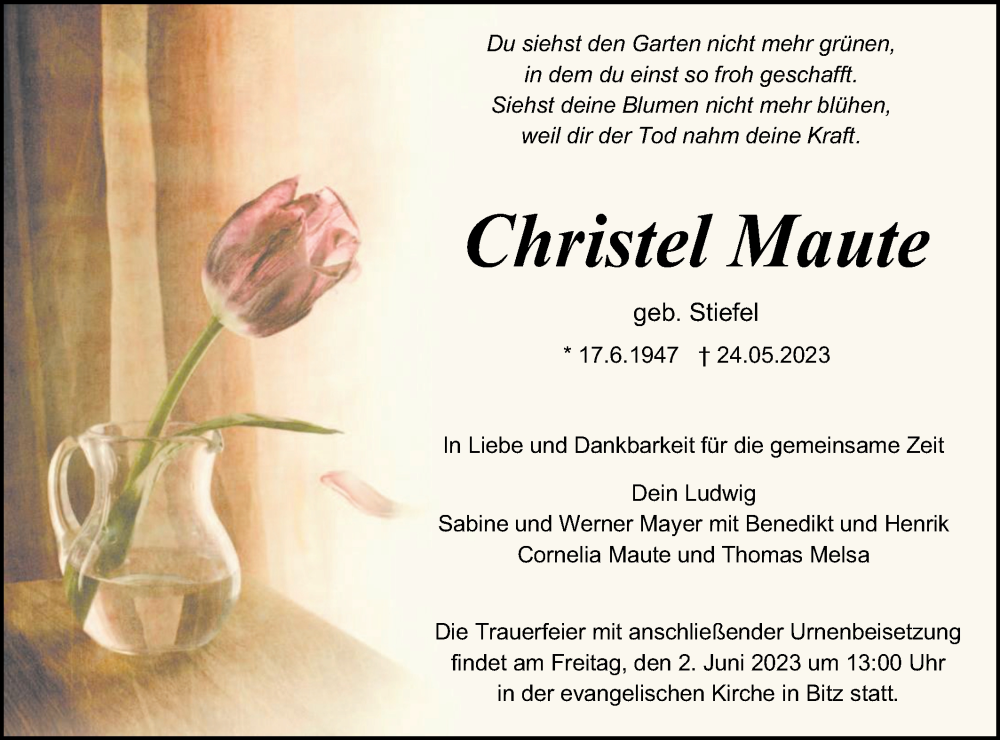  Traueranzeige für Christel Maute vom 27.05.2023 aus Metzinger-Uracher Volksblatt