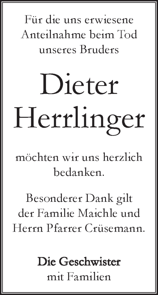  Traueranzeige für Dieter Herrlinger vom 27.05.2023 aus Geislinger Zeitung