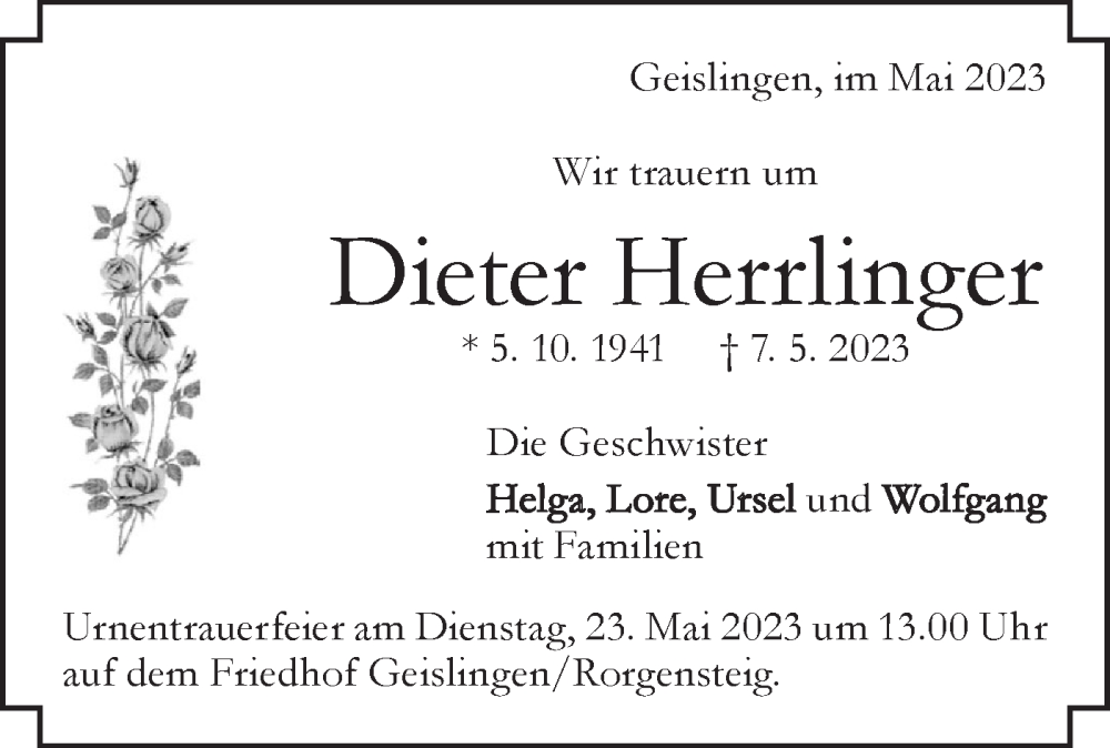  Traueranzeige für Dieter Herrlinger vom 17.05.2023 aus Geislinger Zeitung
