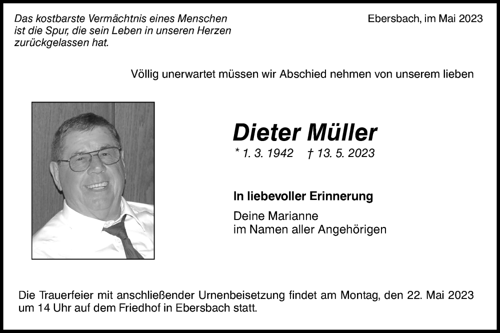  Traueranzeige für Dieter Müller vom 17.05.2023 aus NWZ Neue Württembergische Zeitung