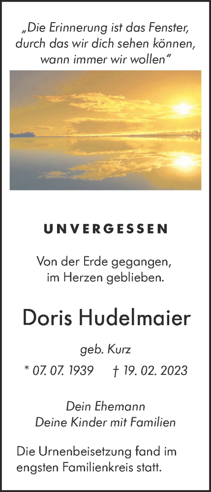 Traueranzeige von Doris Hudelmaier von NWZ Neue Württembergische Zeitung
