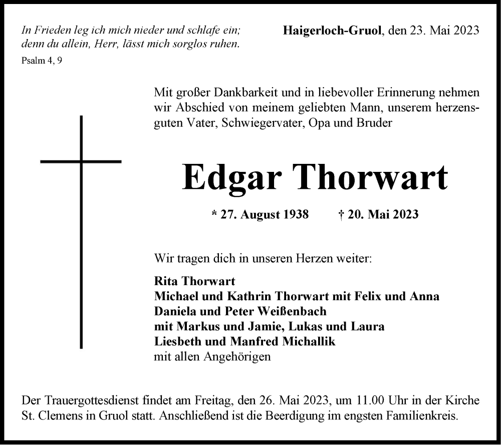  Traueranzeige für Edgar Thorwart vom 23.05.2023 aus SÜDWEST PRESSE