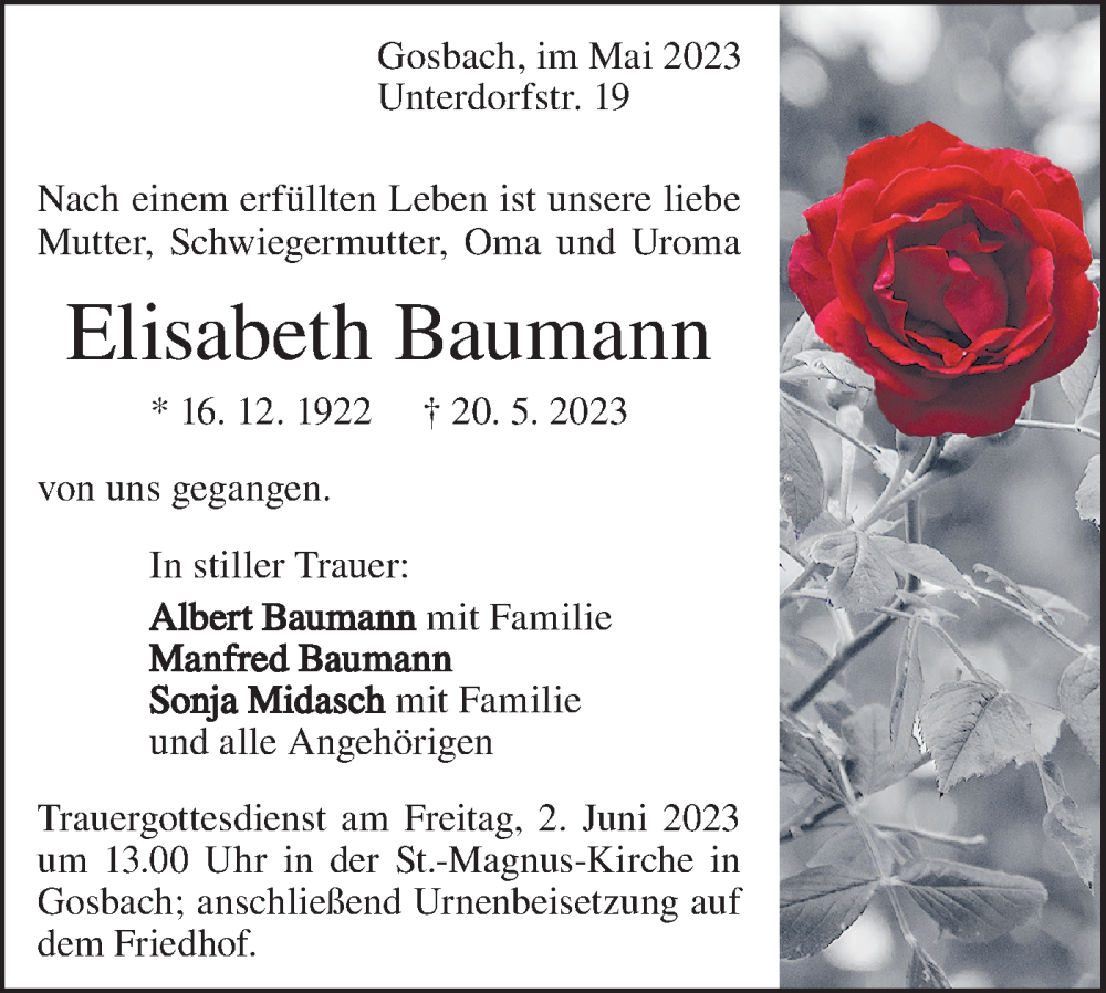  Traueranzeige für Elisabeth Baumann vom 30.05.2023 aus SÜDWEST PRESSE