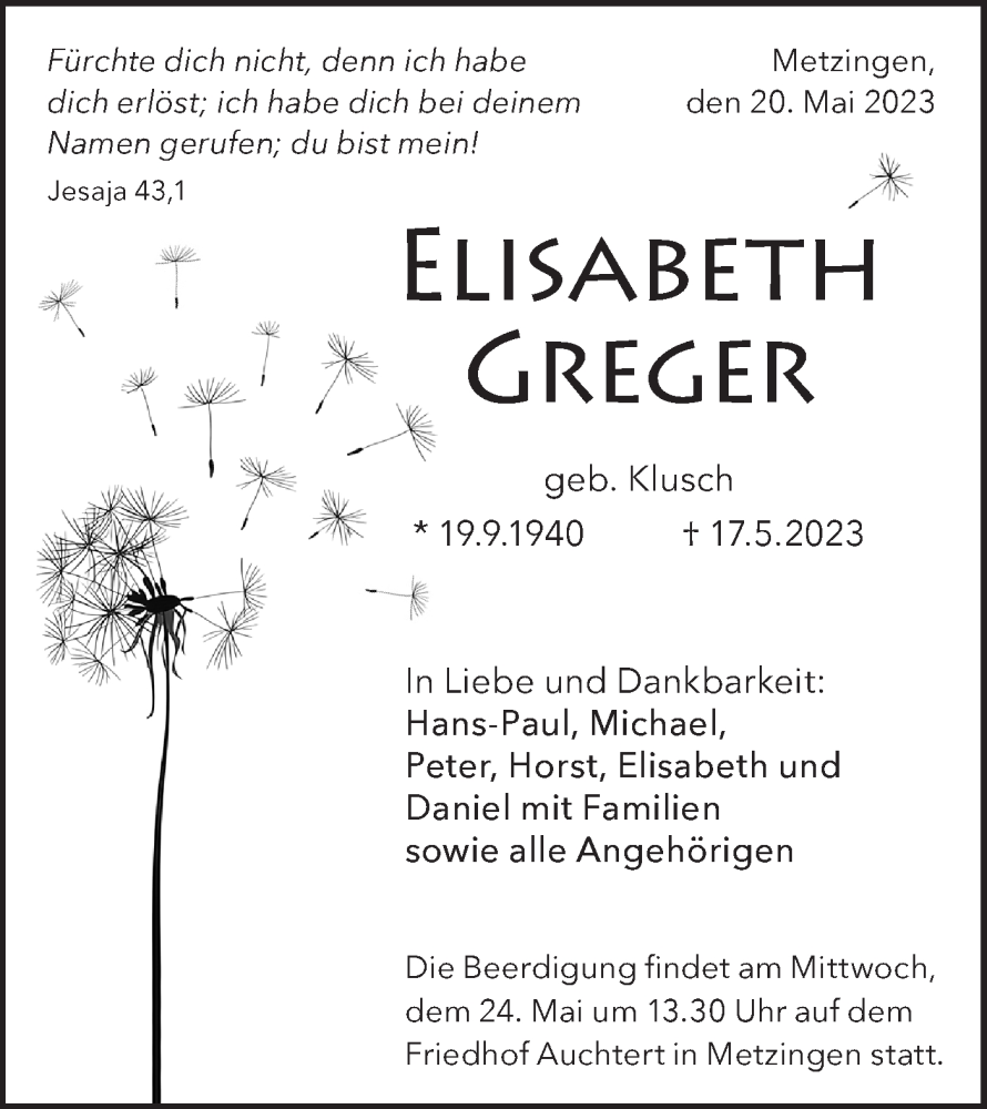  Traueranzeige für Elisabeth Greger vom 20.05.2023 aus Metzinger-Uracher Volksblatt