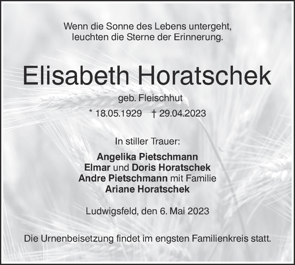  Traueranzeige für Elisabeth Horatschek vom 06.05.2023 aus SÜDWEST PRESSE Ausgabe Ulm/Neu-Ulm