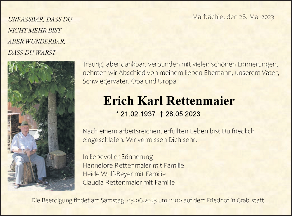  Traueranzeige für Erich Karl Rettenmaier vom 01.06.2023 aus SÜDWEST PRESSE