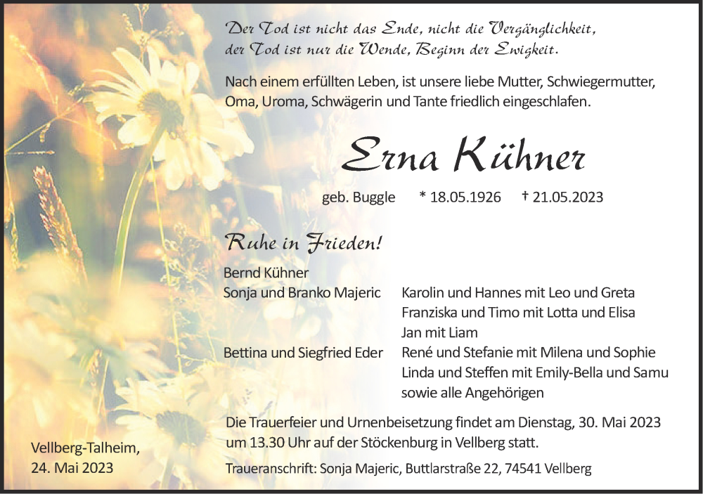  Traueranzeige für Erna Kühner vom 24.05.2023 aus SÜDWEST PRESSE