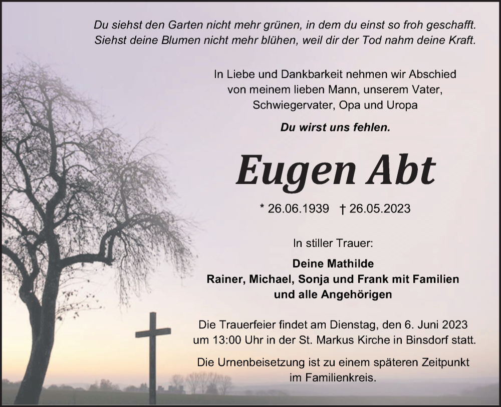  Traueranzeige für Eugen Abt vom 31.05.2023 aus Metzinger-Uracher Volksblatt