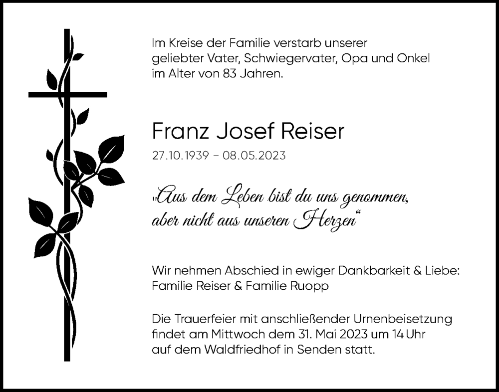  Traueranzeige für Franz Josef Reiser vom 27.05.2023 aus SÜDWEST PRESSE Ausgabe Ulm/Neu-Ulm