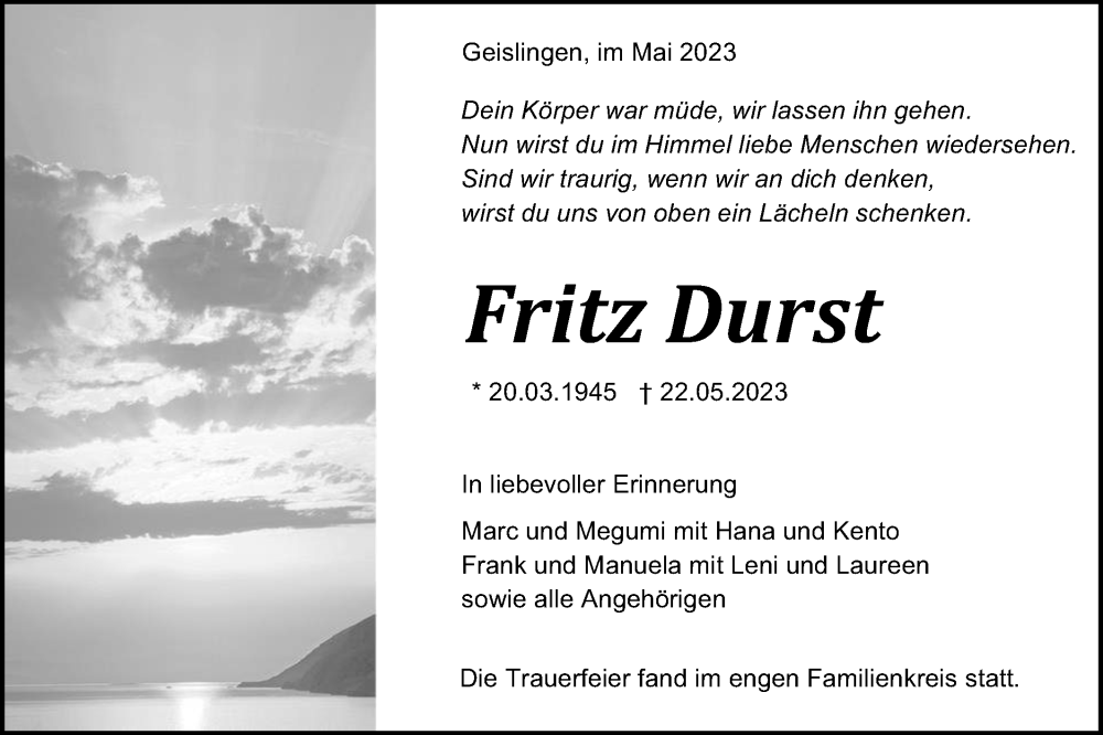  Traueranzeige für Fritz Durst vom 27.05.2023 aus Metzinger-Uracher Volksblatt
