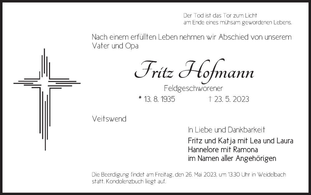  Traueranzeige für Fritz Hofmannn vom 25.05.2023 aus SÜDWEST PRESSE