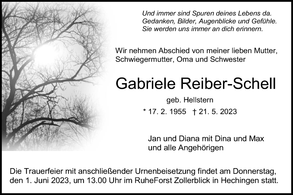 Traueranzeige für Gabriele Reiber-Schell vom 27.05.2023 aus Metzinger-Uracher Volksblatt