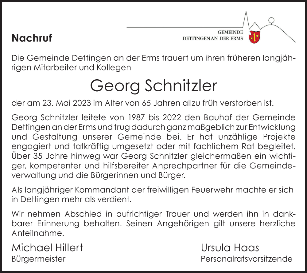  Traueranzeige für Georg Schnitzler vom 31.05.2023 aus Metzinger-Uracher Volksblatt