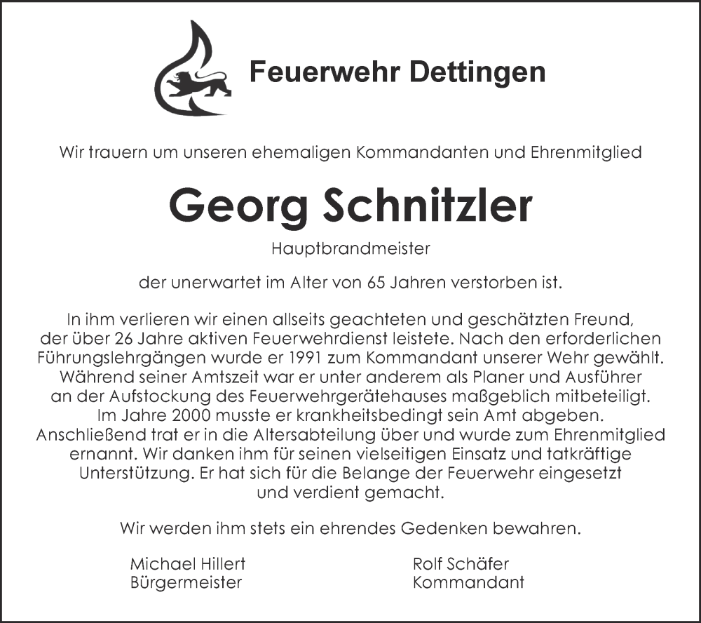  Traueranzeige für Georg Schnitzler vom 31.05.2023 aus Metzinger-Uracher Volksblatt