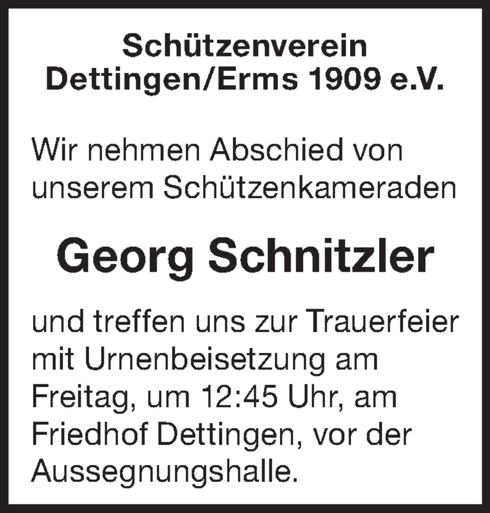 Traueranzeige für Georg Schnitzler vom 01.06.2023 aus SÜDWEST PRESSE/SÜDWEST PRESSE
