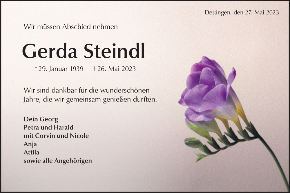  Traueranzeige für Gerda Steindl vom 27.05.2023 aus Metzinger-Uracher Volksblatt