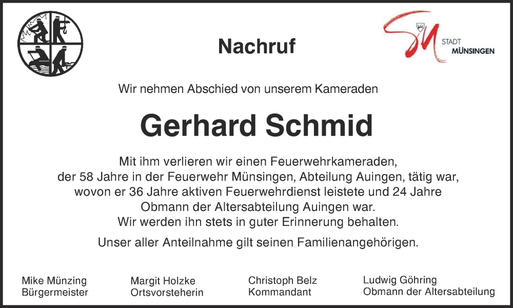  Traueranzeige für Gerhard Schmid vom 01.06.2023 aus SÜDWEST PRESSE/SÜDWEST PRESSE