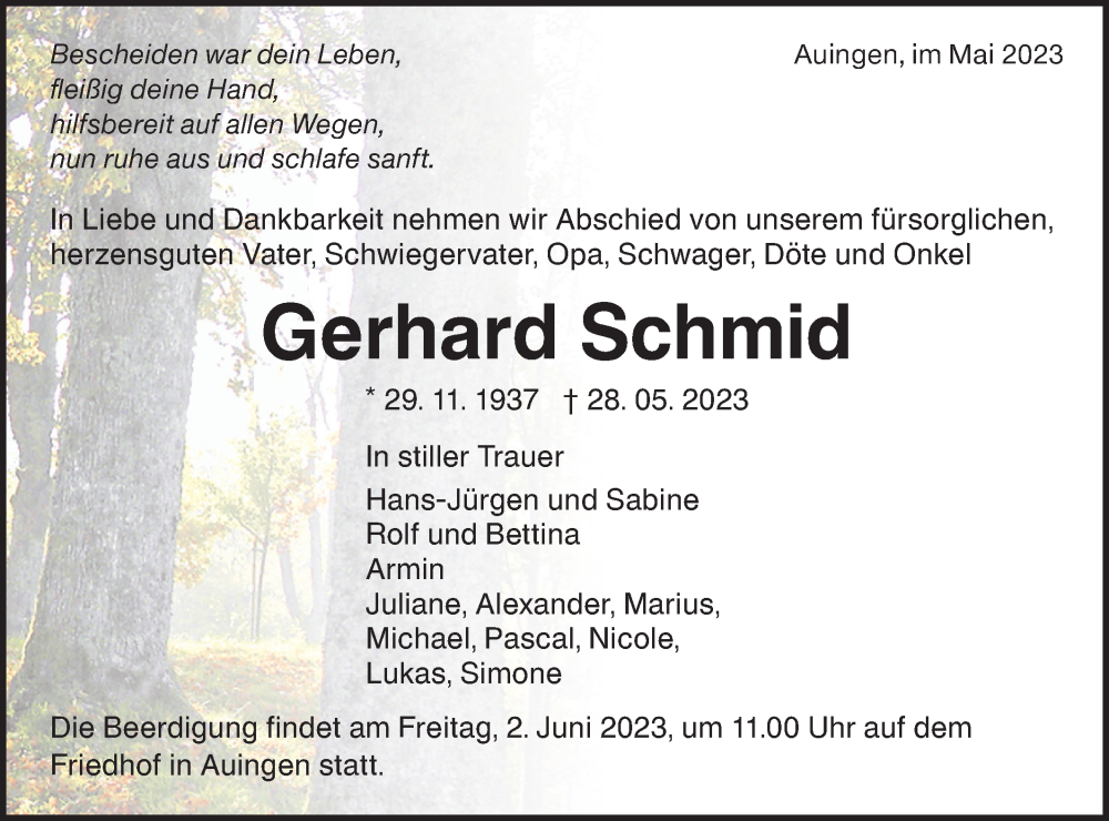  Traueranzeige für Gerhard Schmid vom 31.05.2023 aus Alb-Bote/Metzinger-Uracher Volksblatt