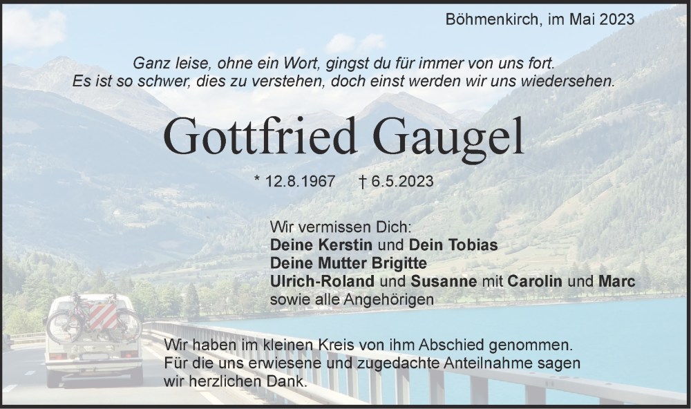  Traueranzeige für Gottfried Gaugel vom 20.05.2023 aus Geislinger Zeitung