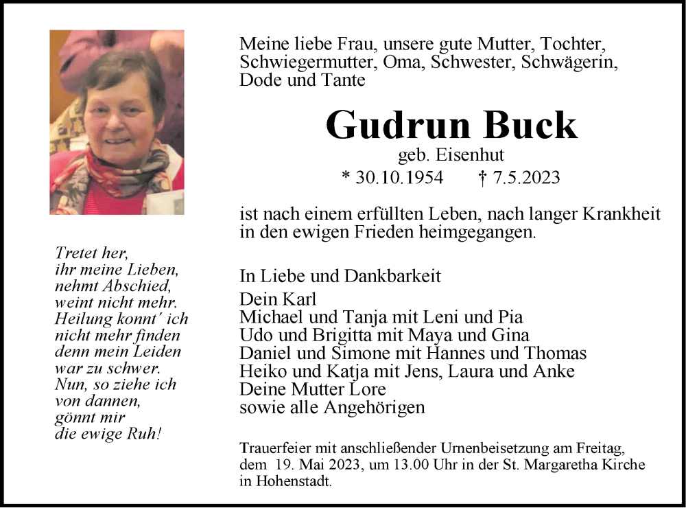  Traueranzeige für Gudrun Buck vom 15.05.2023 aus Geislinger Zeitung